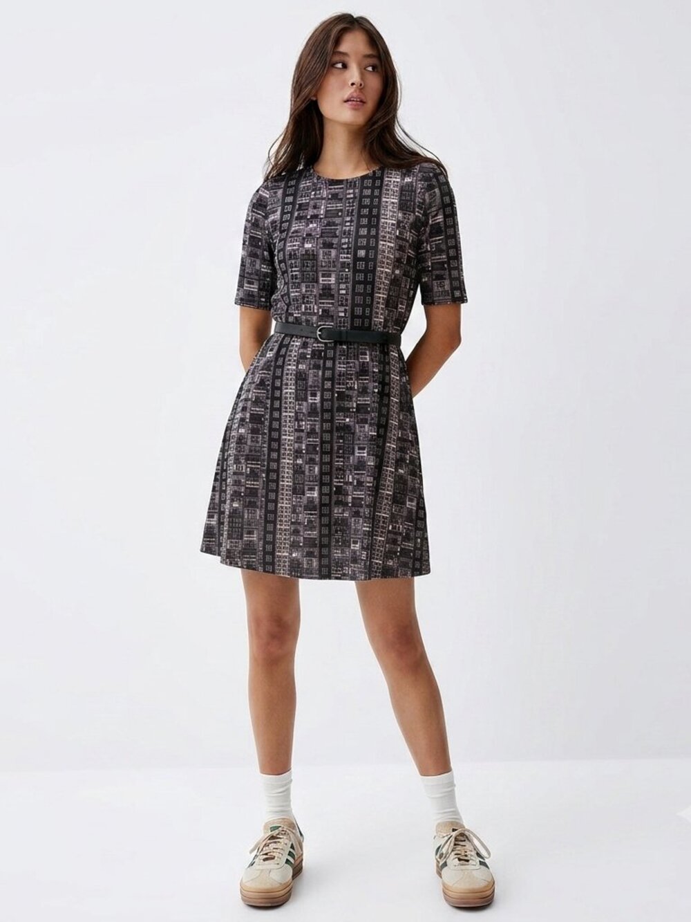 NWT Yumi Apartment Print Black Belted Mini Dress Size S, M, L